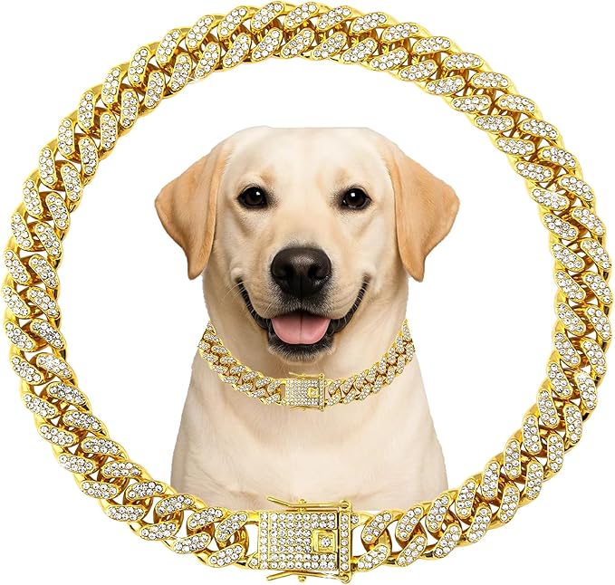 Diamond Cuban Style Dog Chain Collar Bling Gold Walking Necklace with Safety Lock Pet Jewelry for Small Medium Large Dogs Cats(Glod 10inch)