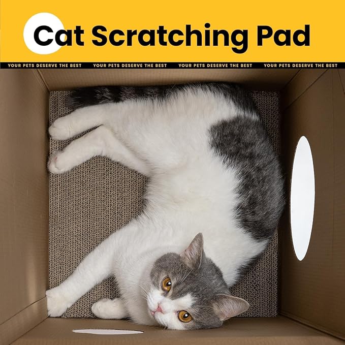 Cardboard Cat House with Scratch Pad & Catnip, Cat Play Scratching House for Indoor Hideaway Furniture, Heavy Duty Sturdy Cardboard Scratcher, Easy to Assemble Birthday Gift, Medium, 2 Pack