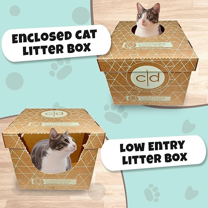 Cats Desire Litter Box - Disposable Litter Box Pack (6 pcs) - Top/Low Entry - Includes 2 lids, 2 Bases and 2 Multipurpose Pads - Partially Recycled Cardboard, 17" L x 17" W x 15.25" H