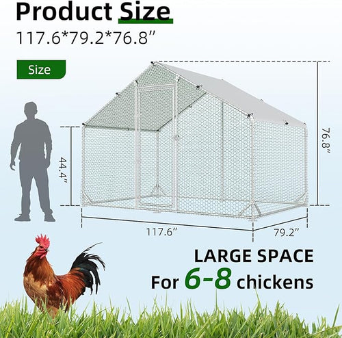 4ever2buy Large Metal Chicken Coop with Run Walk-in Poultry Cage Chicken Runs House Pen Cage Spire Roofed Chicken Coops with Anti-Ultraviolet Cover for Outdoor Backyard Farm Use 9.8’L x 6.6’W x 6.4’H