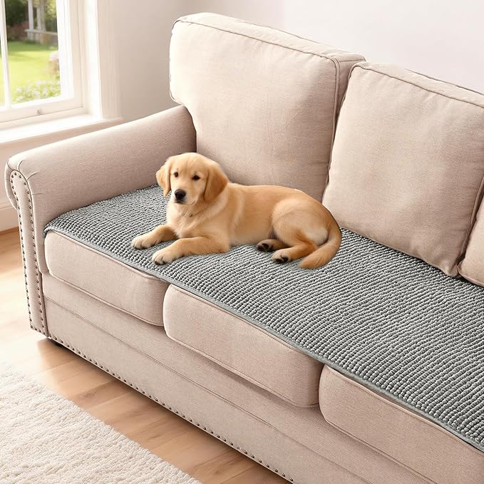 H.VERSAILTEX Plush Chenille Couch Cover for 3 Cushion Couch Anti Slip Washable Sofa Slipcovers Soft and Durable Furniture Protector for Dogs Cats Kids (27.5" x 71", Dove)