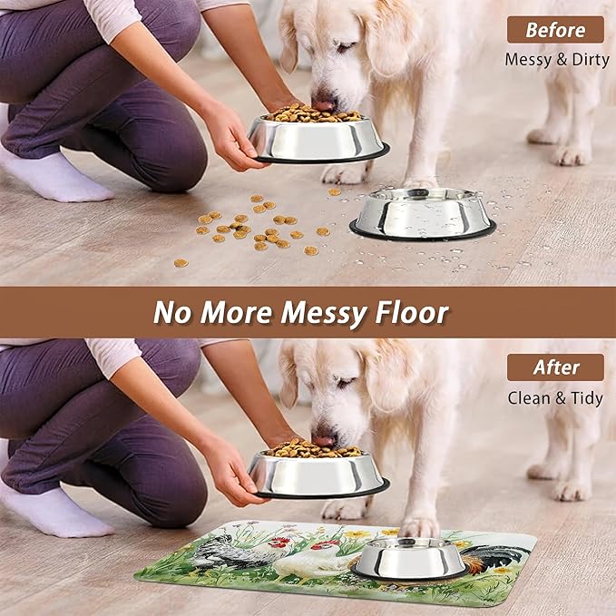 Chicken Rooster Dog Food Mat for Floors,Farm FlowerAbsorbent Pet Food and Water Bowl Mats,Non-Slip Pet Feeding Mat,Pet Supplies 12" x 20"
