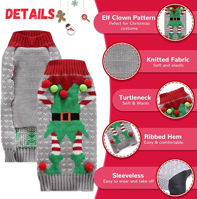 Dog Cat Ugly Christmas Sweater Boy Girl Xmas Pet Clothes Holiday Puppy Costume New Year Gifts for Small Medium Large Dogs Outfits (S, Grey Elf)