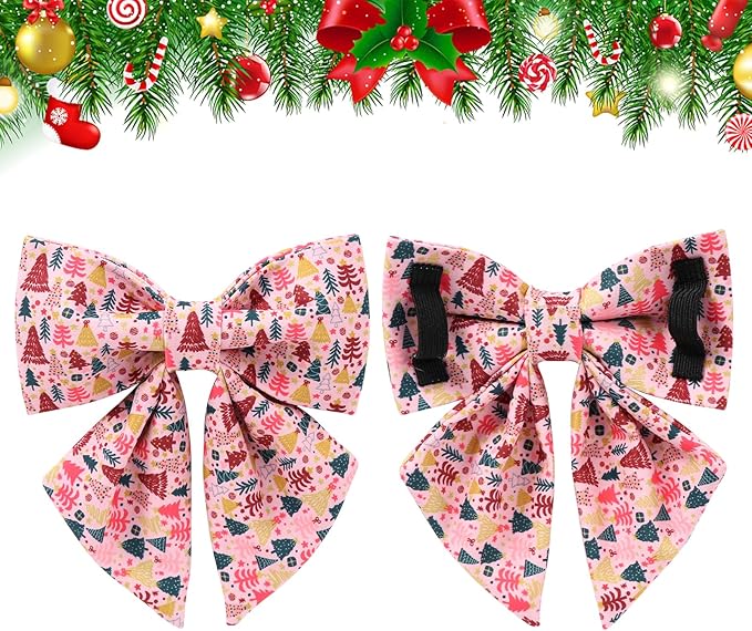 Christmas Dog Collar with Bow Tie, Pink Christmas Tree Collars for Dogs, Adjustable Pet Collar with Cute Xmas Tree Pendant, Winter Dog Accessories for Small Medium Large Dogs L
