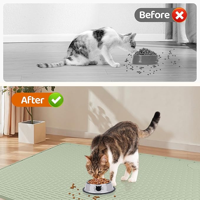 Cat Food Mat, 57" x 40" Extra Large Silicone Pet Feeding Mat with Raised Edge Pet Placemat for Food and Water Bowl Non-Slip, Easy to Clean, Floor Protection (Green)