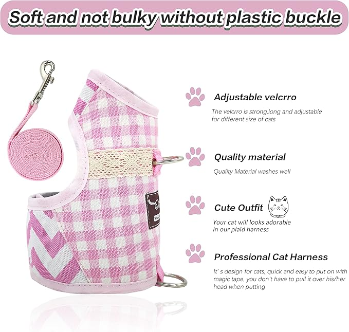 Cat Harness and Leash for Walking Escape Proof, Adjustable Cat Vest Harness, Padded Stylish Cat Walking Jackets, Pink Plaid, Medium