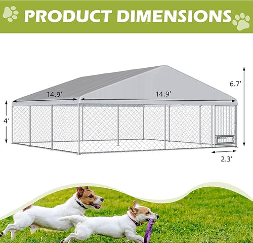 15FTx15FT Outdoor Dog Kennel with Roof, Outside Dog Run Fence with Rotated Dog Bowls, Large Dog House Pen Enclosure with Secure Lock&Textilene Door
