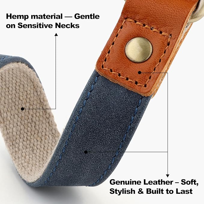 Plutus Pet Genuine Leather & Hemp Dog Collar – Adjustable Heavy Duty Pet Collar with Quick Release Metal Buckle, Soft & Stylish for Puppy and Small, Medium, Large Dogs (Blue, L)