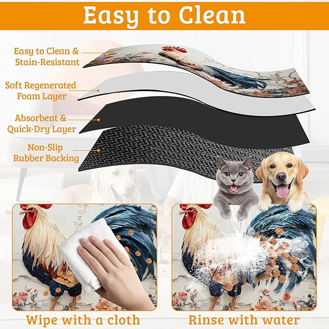 Dog Bowl Mat,Chicken Painting Pet Feeding Mat for Floors Waterproof,Flowers Absorbent Dogs Placemat for Food and Water Quick Dry Pet Cat Feeding Mats with Non Slip Bottom 12" x 20"