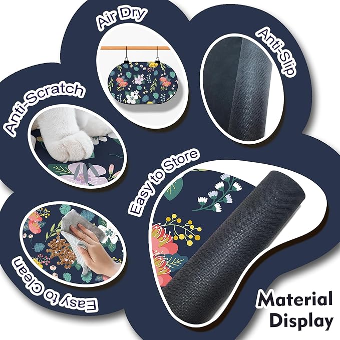 Absorbent Pet Food Mat 24''x16'', No Stains Quick Dry Pet Water Mat Protect Floor, Cat Dog Water Bowl Mat for Messy Drinkers, Non-Slip Rubber Base Pet Placemats for Food and Water, Dark Blue Floral