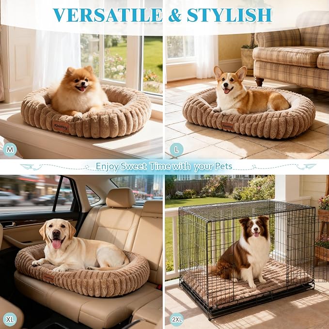 Cute Washable Dog Bed for Medium Large Dogs, Calming Furry Bolster Dog Bed, Durable Rectangle Anti-Anxiety Comfy Large Pet Bed, Removable Zipper Cover & Anti-Slip Bottom, 35x27x5inches, Brown