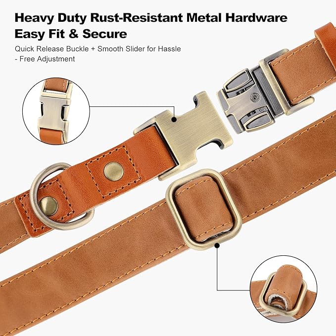 Plutus Pet Genuine Leather & Hemp Dog Collar – Adjustable Heavy Duty Pet Collar with Quick Release Metal Buckle, Soft & Stylish for Puppy and Small, Medium, Large Dogs (Light Brown, L)