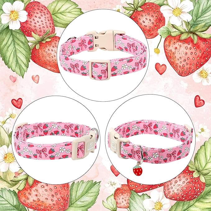 Strawberry Bow Dog Collar for Small Dogs - Cute Pink Spring/Summer Girl Dog Collars, Lightweight Adjustable Female Girly Dogs Collars with Quick Release Buckle S