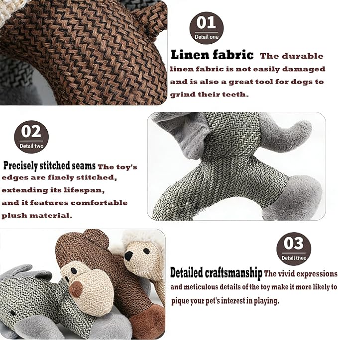 Linen Safari Companions, Squeaky Dog Chew Animals, with Durable Linen Material, Durable and Resistant to Chewing, for Relieve Dog's Boredom (Dog+Elephant+Monkey)