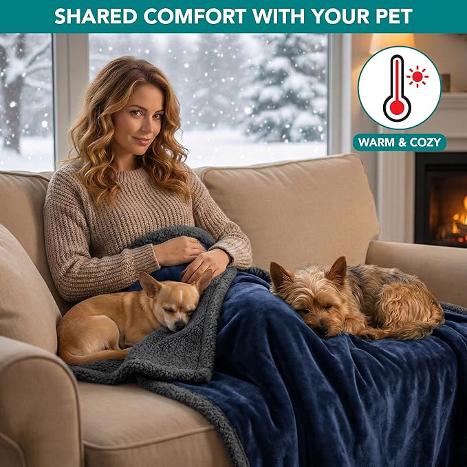 PetAmi Waterproof Dog Blanket for Medium Large Dog Puppy Cat Throw for Couch Cover Leakproof Protection, Sherpa Fleece, Reversible Soft Washable 60x40 Navy Gray