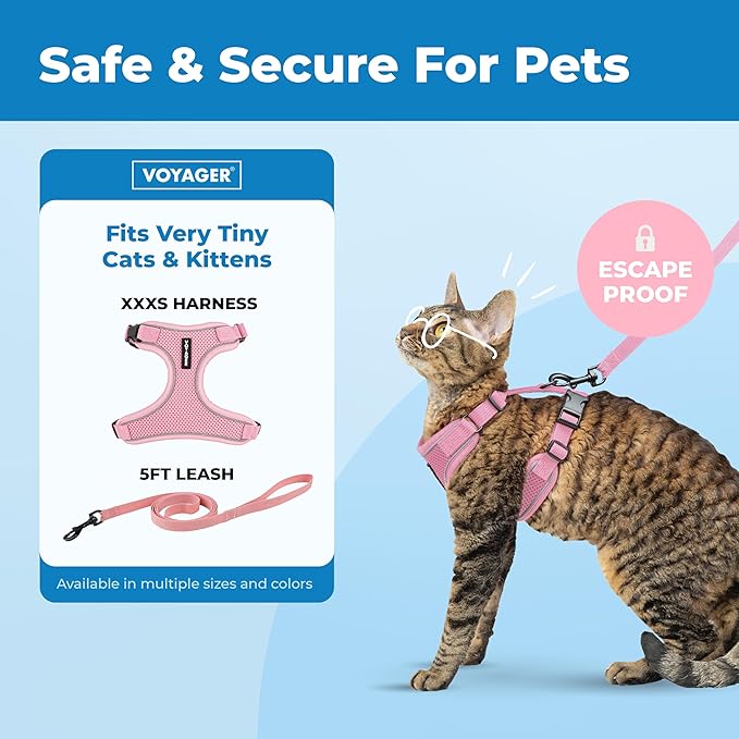 Voyager Escape-Proof Step-in Lock Cat Harness & 5ft Neoprene-Handle Leash Set All-Weather Mesh with Reflective Stitching for Small to Large Cats by Best Pet Supplies, Pink (327), XXXS