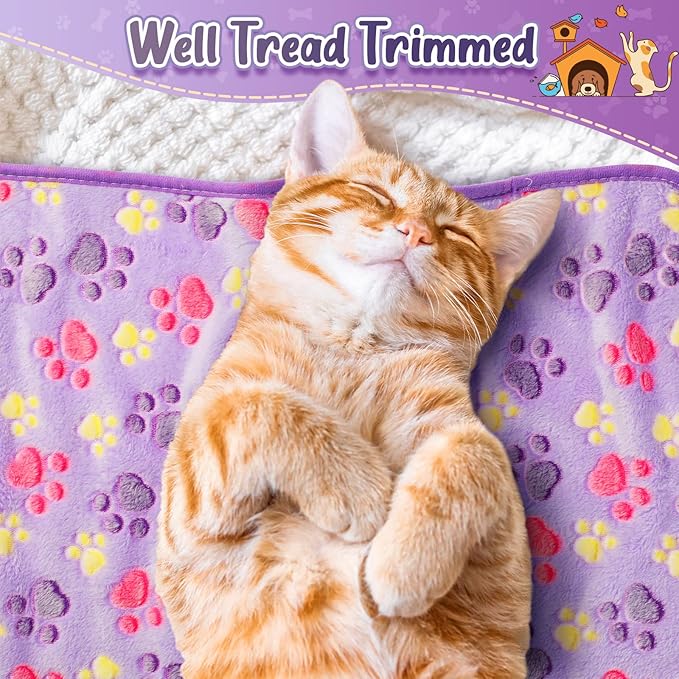 Tatuo 4 Pcs Dog Blanket for Pet Cat Blankets Indoor Puppy Teething Stuff Toys Paw Print Fleece Soft Blanket Sleep Mat for Guinea Pig Cage(Purple,Medium(30 x 20.5 Inch),Square)