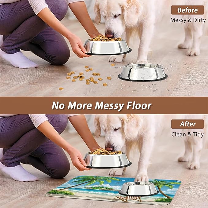 Tropical Beach Dog Food Mat for Floors,Hawaii Palm Tree Absorbent Quick-Dry Pet Feeding Mat,Cat Dog Bowl Mats for Food and Water,Non-Slip Pet Accessories Supplies 16"x24"