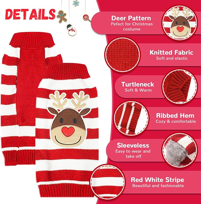 Dog Christmas Sweater Cute Striped Reindeer Xmas Pet Clothes Holiday Puppy Cat Costume New Year Gifts for Small Medium Large Dogs Jumpers (XL, Red White Stripe Reindeer)