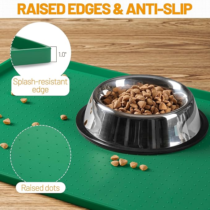 Hubulk Dog Feeding Mat,100% Waterproof Food Grade Silicone Pet Food and Water Bowl Placemat,Dishwasher, High Raised Edge to Prevent Spills,Nonslip Tray to Stop Messes on Floor（28"x18"x0.8",Hunter ）