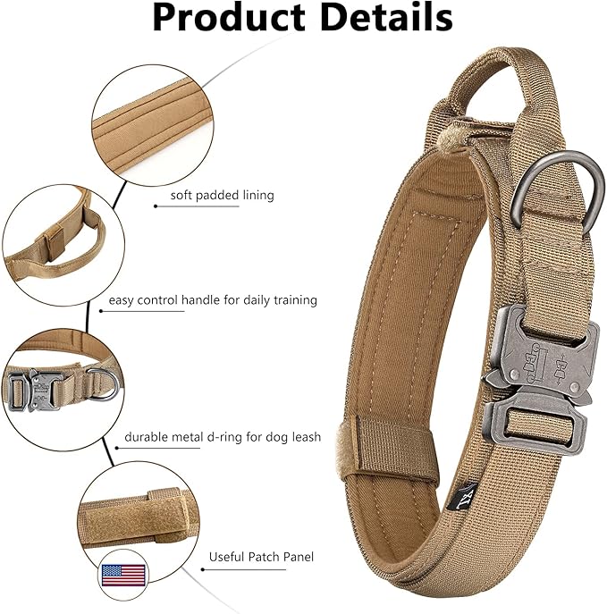 DAGANXI Tactical Dog Collar Leash Set, Adjustable Military Training Nylon Dog Collar with Controll Handle and Heavy Metal Buckle for Medium and Large Dogs，with Patches and Airtags Case (M, Brown-Set)