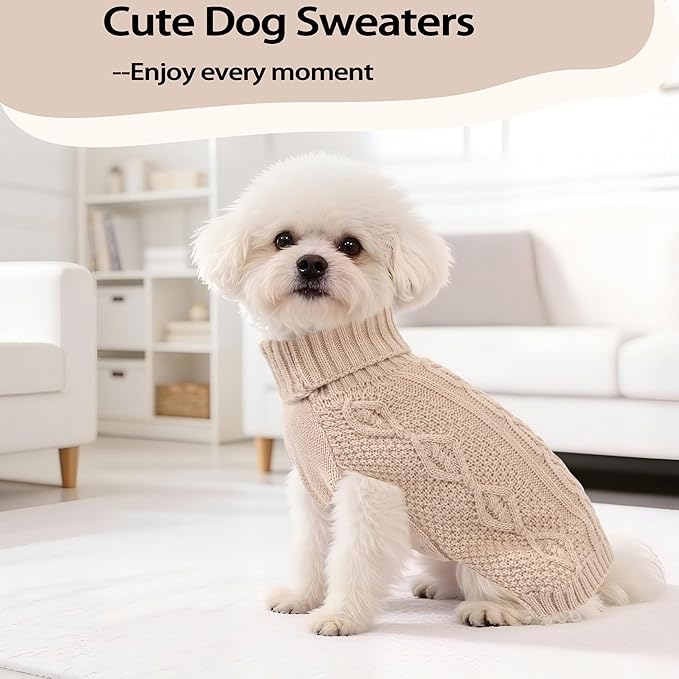 Dog Sweaters Small Dog Clothes Winter Turtleneck Puppy Sweater Warm Pet Cat Sweater Doggy Pullover Outfit with Twisted Design XS~XL(Beige, Large)