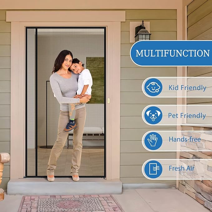 Magnetic Screen Door Left Right Side Opening Upgraded PET Mesh Greater Than Fiberglass and Polyester,Keep Bugs Out,Pet & Kid Friendly,Suitable for Sliding Doors,Patio French Doors-48" X 80"