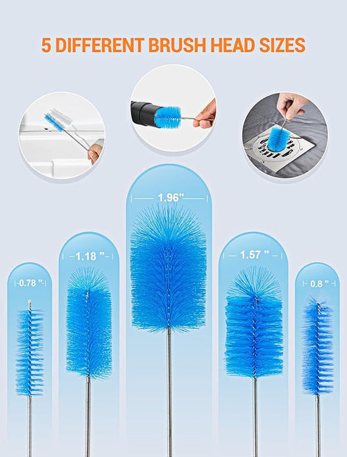 66" Flexible Drain Brush Tool with Large Brush Head and Double Elastic Nylon Ends, Stainless Steel Long Tube Cleaning Brushes for Kitchen, Sink, Drain Pipe and Long Pipe Cleaning