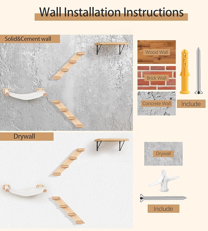 Cat Wall Hammock Set of 3, Wall Shelves with 1 Floating Fabric Hammock, 2 Cat Ladders with 4 Steps Each, Wall Mounted Bed Furniture & Climber for Large Cats