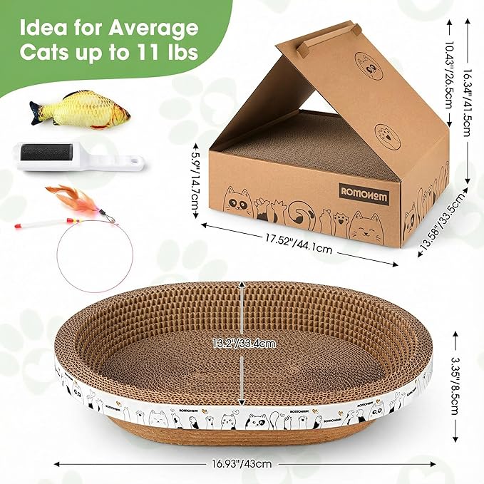 4-Piece Cardboard Cat Scratcher Bed Set with House, 2 Nest-Like Oval Cat Lounger Bowls (17"), Durable Corrugated Scratch Pads with Bonus Toys, All-in-One Cat Scratch Box for Indoor Cats Grinding Claws