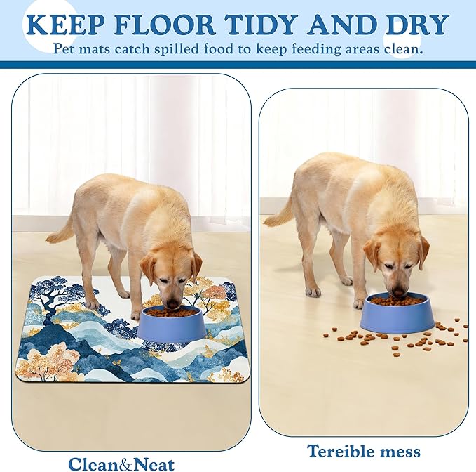 Japanese Wave Tree Dog Food Mat–Christmas Stocking Absorbent Quick Dry Feeding Placemat for Food and Water Bowls, Non Slip Rubber Backing, Waterproof Pet Supplies for Mess-Free Eating 12"x20"