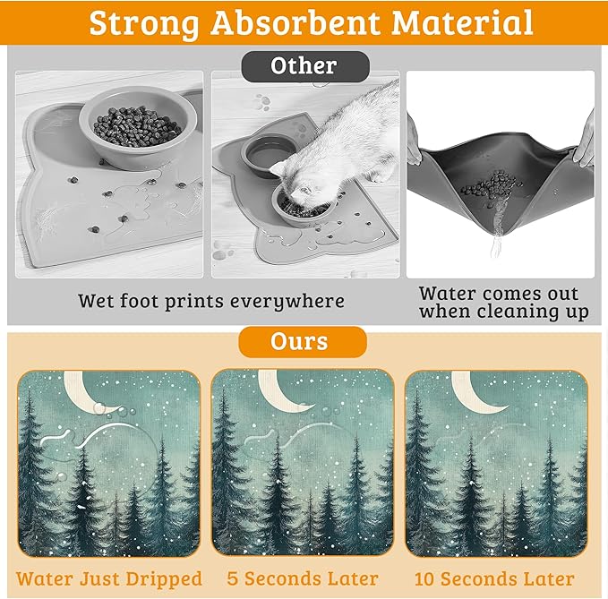 Pet Feeding Mat,Abstract Forest Absorbent Dog Cat Food Mat Moon Dog Mat with Rubber Backing,Non-Slip Water Bowl Placemat,Pet Supplies 16" x 24"