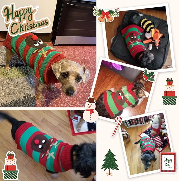 Dog Cat Christmas Sweater Boy Girl Ugly Reindeer Xmas Pet Clothes Holiday Puppy Costume New Year Gifts for Small Medium Large Dogs Outfits (XXL, Red Green Stripe Reindeer)