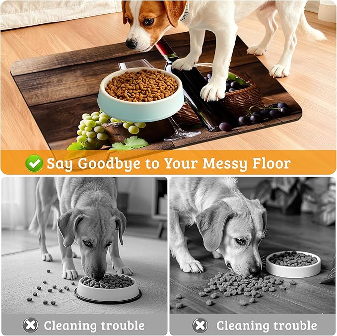 Pet Feeding Mat,Red Wine Absorbent Dog Cat Food Mat Grape Wood Dog Mat with Rubber Backing,Non-Slip Water Bowl Placemat,Pet Supplies 16" x 24"