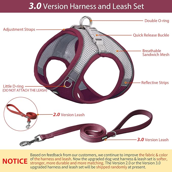 AIITLE No Pull Dog Harness and Leash Set, Christmas Step in Adjustable Dog Harness with Padded Vest for All Weather, Dog Leash with Soft Padded Handle, Easy to Put on Small and Medium Dogs Burgundy S