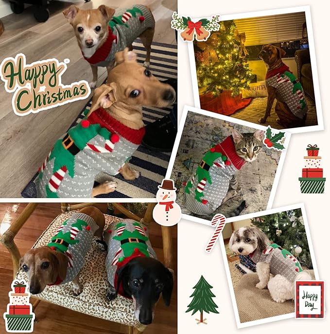 Dog Cat Ugly Christmas Sweater Boy Girl Xmas Pet Clothes Holiday Puppy Costume New Year Gifts for Small Medium Large Dogs Outfits (XS, Grey Elf)