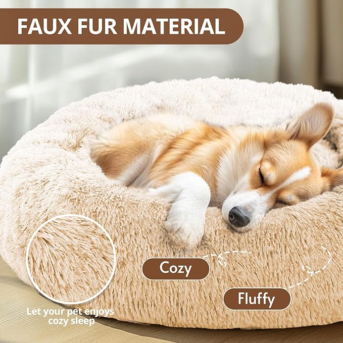 JOLLYVOGUE Calming Dog Bed for Small Dogs - 23 inches Donut Washable Small Dog Bed for Kittens & Puppies, Anti-Slip Round Fluffy Plush Faux Fur Cat Beds (Fits up to 25 lbs Pets, Off White)