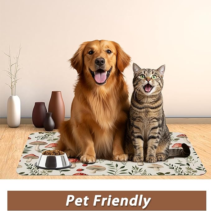 Red Mushroom Pet Feeding Mat,Fern Herb Berries Absorbent Quick-Dry Cat Dog Food and Water Bowl Mats,Non-Slip Rubber Backing Mat,Cat Dog Accessories Supplies 16"x24"
