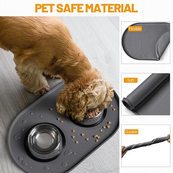 Hubulk 100% Waterproof Silicone Pet Feeding Mat with Raised Edge for Food and Water, Dog Bowl Mats, Cat Bowls Placemat with High Lip Protects Floor for Cats and Dogs (Gray, 19" L x 12" W)