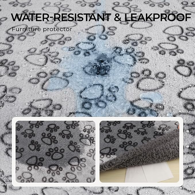 Luciphia Waterproof Pet Blankets for Couch Sofa Bed Cover Liquid Pee Proof Washable Soft Fluffy Large Dog Blanket Reversible Furniture Protection Paw Grey Large（65" x 57"）
