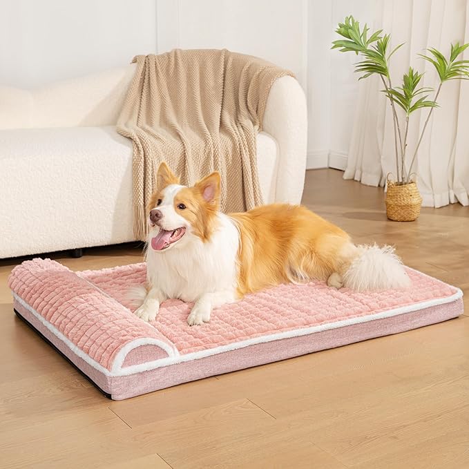 Orthopedic XL Dog Bed Large Sized Dog with Pillow 48''X30'', Waterproof Soft Comfortable Egg Crate Foam Pet Crate Beds Mat with Removable Washable Cover and Non-Slip Bottom, Pink