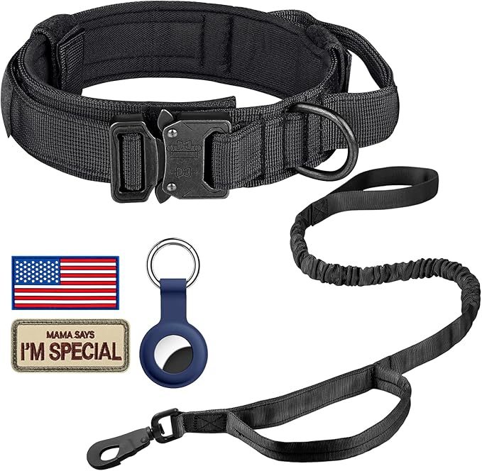 DAGANXI Tactical Dog Collar Leash Set, Adjustable Military Training Nylon Dog Collar with Controll Handle and Heavy Metal Buckle for Medium and Large Dogs，with Patches and Airtags Case (XL, Black-SET)