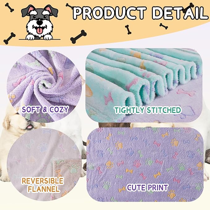 Rezutan Dog Blankets for 3 Pack Medium Blanket Cat Soft Fuzzy Blankets Washable,Soft Comfort Flannel,Pet Blanket,Reversible Dog Paw Print,30 x 20 inch,Purple/Green/Brown