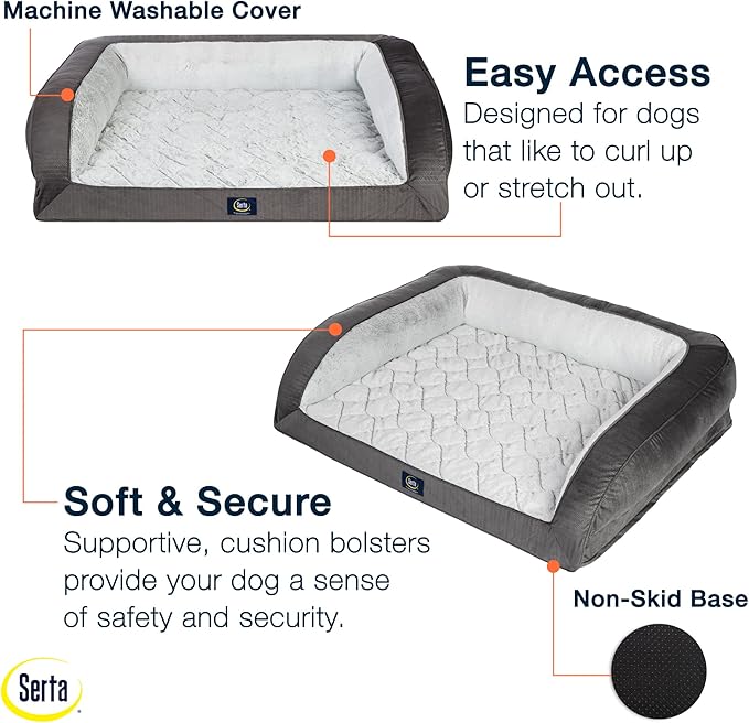 Serta Orthopedic Quilted Couch Dog Bed for Pets – Slate Gray (Small)