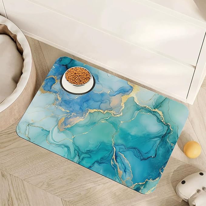 Marble Dog Cat Food Mat,Blue Teal Turquoise Gold Absorbent Pet Feeding Mat with Rubber Backing,Non-Slip Water Bowl Placemat,Indoor Pet Accessories Supplies 12"x20"