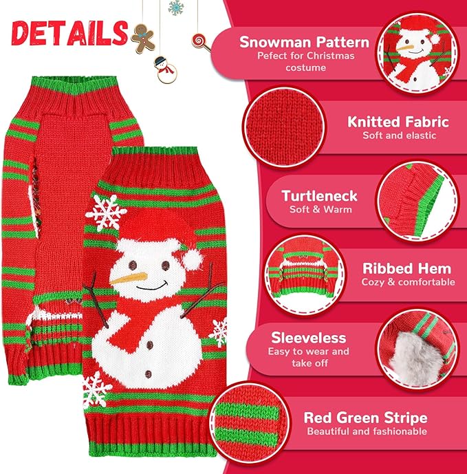 Dog Christmas Sweater Cute Snowman Puppy Cat Costume Boy Girls Xmas Holiday Pet Clothes New Year Outfits Gifts for Small Medium Large Dogs (S, Red Green Stripe Snowman)