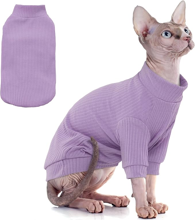 PUMYPOREITY Cat Clothes - Stretchy Cat Shirt & Sweater with Sleeves for Sphynx & Devon Rex Cats - Purple, XL