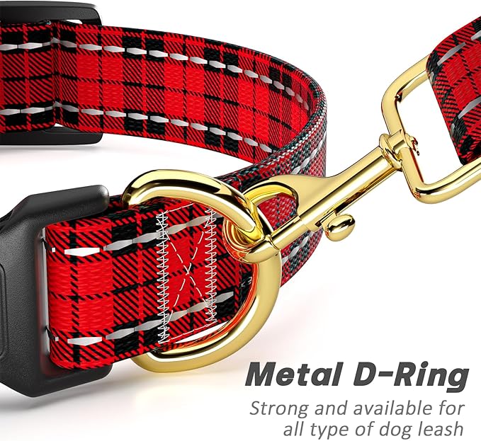 Reflective Dog Collar for Medium Dogs, Cute Boho Adjustable Heavy-Duty Nylon Puppy Collar for Boy and Girl Female, Soft Pet Accessories with Quick Release Buckle, Black Red Tartan