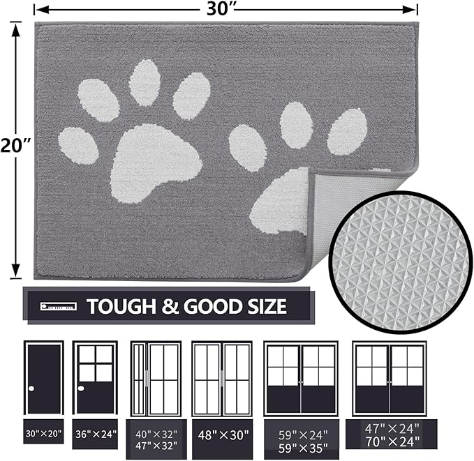 Buganda Dog Door Mat for Muddy Paws, Absorbent Dirt Trapper Washable Indoor Doormats, Non Slip Low-Profile Mud Mat for Dogs, Front Entrance Doormat for Inside Floor (48x30 Inches, Light Grey)