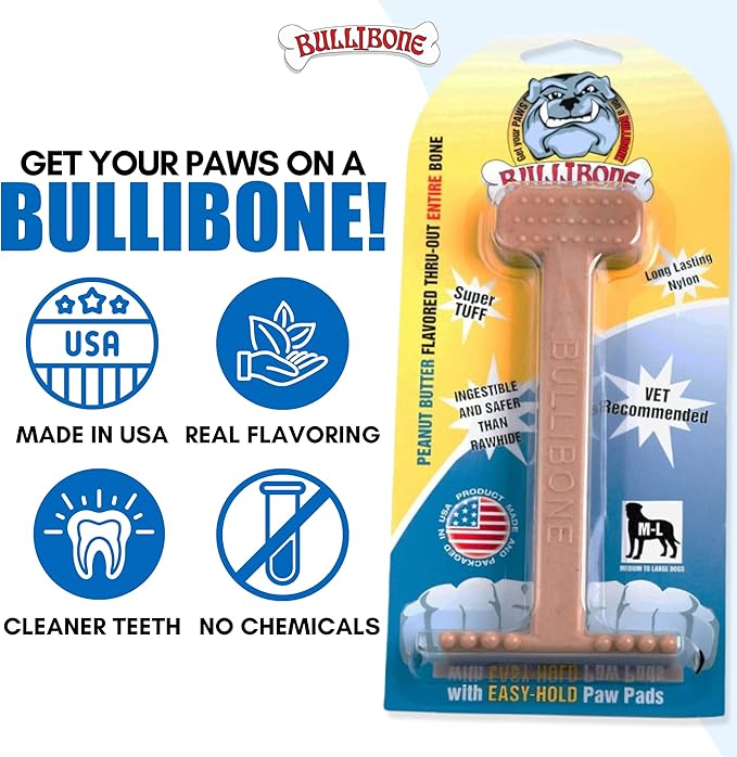 Bullibone Nylon Dog Chew Toy for Aggressive Chewers - Dental Hygiene Bone with Peanut Butter Flavor, Durable Tough Chew Toys for Extra Large Dogs, Indestructible Dog Bone - 3 Pack